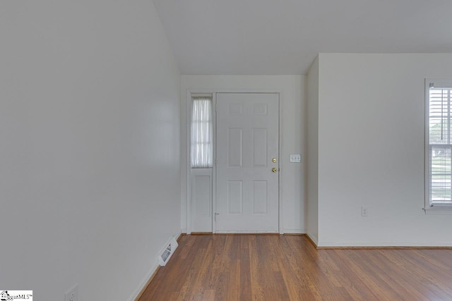 foyer entrance with wood finished floors, a wealth of natural light, and baseboards