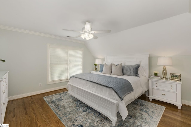 bedroom with dark wood finished floors, baseboards, a ceiling fan, and ornamental molding