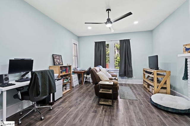 501 N Adair St, Clinton, SC 29325 - office area with ceiling fan, baseboards, dark wood-type flooring, and recessed lighting