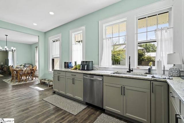501 N Adair St, Clinton, SC 29325 - kitchen with a sink, dark wood finished floors, an inviting chandelier, gray cabinetry, and dishwasher