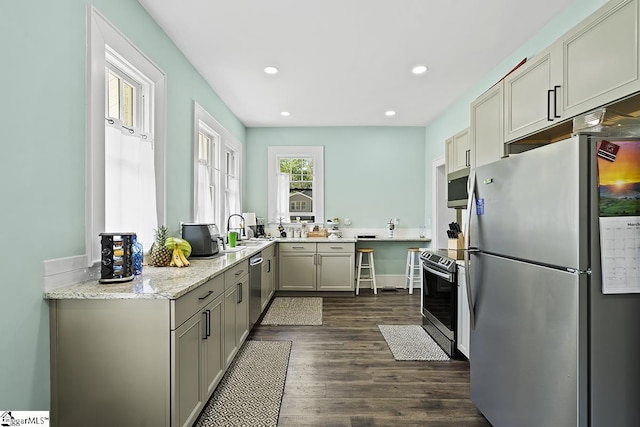 501 N Adair St, Clinton, SC 29325 - kitchen with recessed lighting, a sink, gray cabinetry, appliances with stainless steel finishes, and dark wood-style flooring