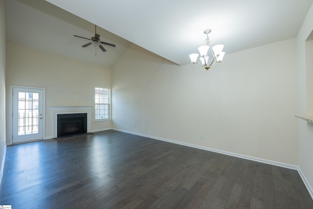 unfurnished living room with dark wood-type flooring, high vaulted ceiling, a fireplace with flush hearth, and baseboards