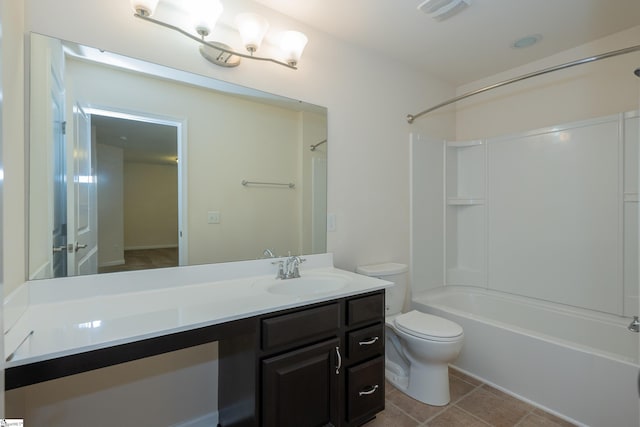 full bathroom with tile patterned floors, visible vents, toilet, vanity, and shower / tub combination