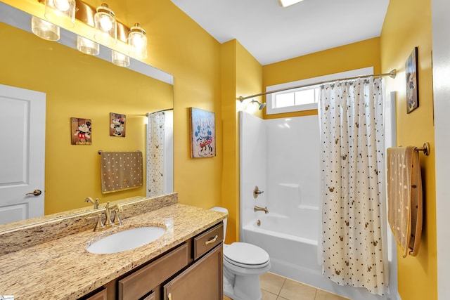 full bathroom featuring vanity, toilet, tile patterned flooring, and shower / tub combo with curtain