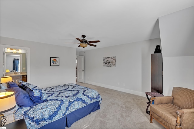 bedroom with light carpet, a ceiling fan, and baseboards