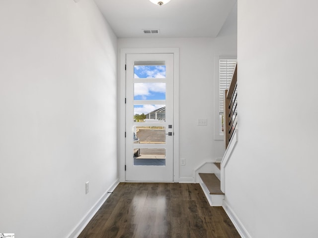 1415 Darrowby Way, Spartanburg, SC 29301 - doorway to outside featuring dark wood finished floors, stairs, and baseboards