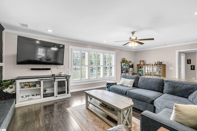 204 Thackston St, Fountain Inn, SC 29644 - living room featuring baseboards, visible vents, a ceiling fan, wood finished floors, and ornamental molding