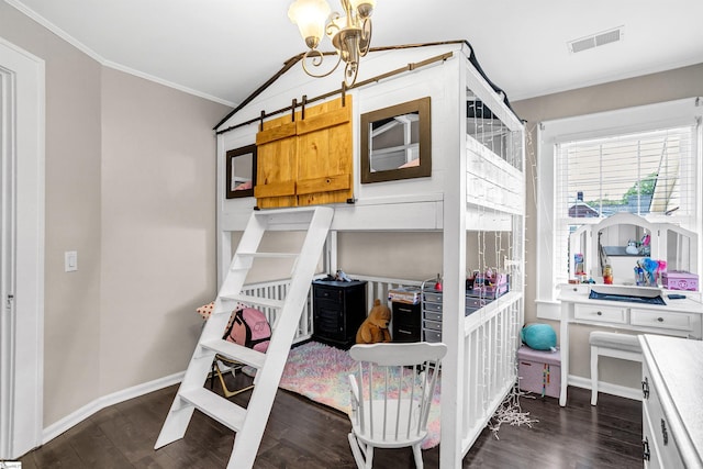 204 Thackston St, Fountain Inn, SC 29644 - bedroom with wood finished floors, ornamental molding, baseboards, a notable chandelier, and visible vents