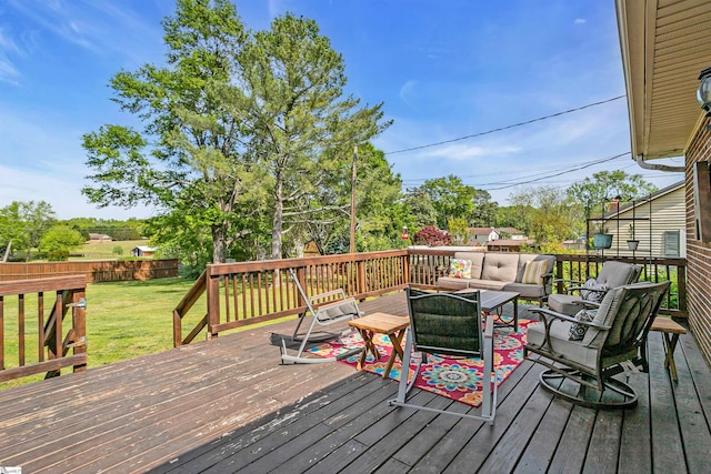 204 Thackston St, Fountain Inn, SC 29644 - wooden deck with a fenced backyard, a lawn, and an outdoor hangout area