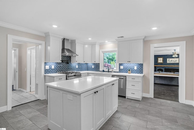 204 Thackston St, Fountain Inn, SC 29644 - kitchen featuring stainless steel appliances, a sink, white cabinetry, and wall chimney range hood