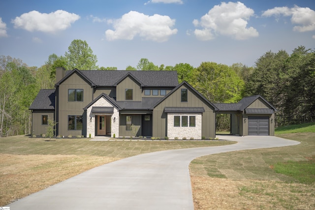 545 E Airport Rd, Greer, SC 29651 - modern inspired farmhouse with board and batten siding, a chimney, a front yard, and concrete driveway