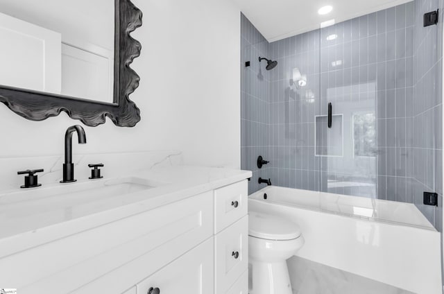545 E Airport Rd, Greer, SC 29651 - bathroom featuring vanity,  shower combination, marble finish floor, toilet, and recessed lighting