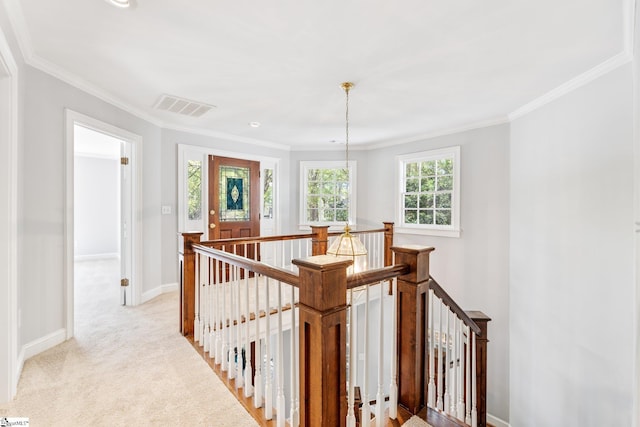 8 Atchison Way, Simpsonville, SC 29680 - corridor with baseboards, visible vents, an upstairs landing, and ornamental molding