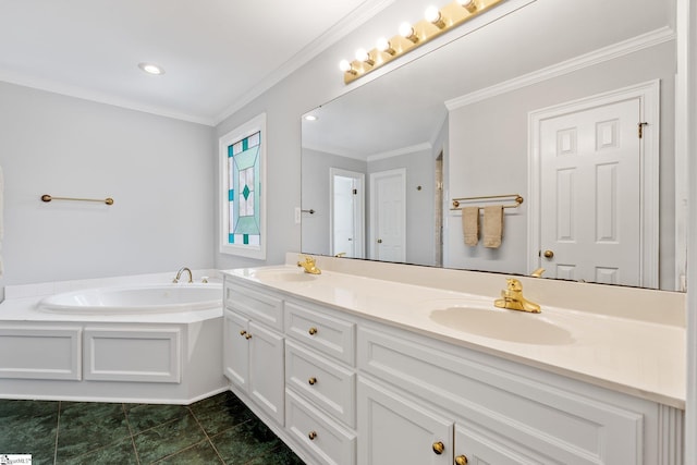 8 Atchison Way, Simpsonville, SC 29680 - full bathroom with crown molding, a sink, a bath, double vanity, and tile patterned flooring