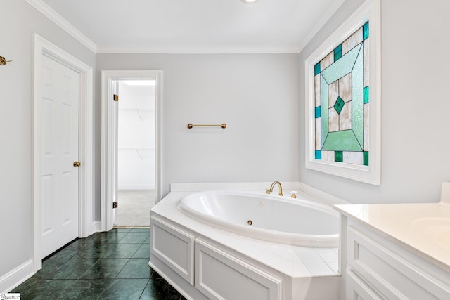 8 Atchison Way, Simpsonville, SC 29680 - bathroom with baseboards, a jetted tub, vanity, and ornamental molding