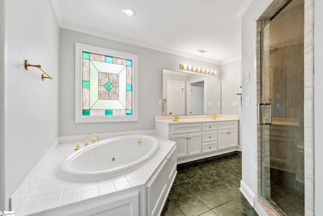 8 Atchison Way, Simpsonville, SC 29680 - bathroom with a sink, double vanity, crown molding, a shower stall, and a tub with jets