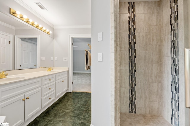 8 Atchison Way, Simpsonville, SC 29680 - full bath featuring a tile shower, double vanity, visible vents, ornamental molding, and a sink