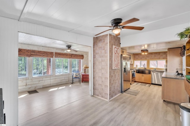 1506 W Lakeshore Dr, Landrum, SC 29356 - kitchen with a ceiling fan, a sink, light wood-type flooring, stainless steel appliances, and visible vents