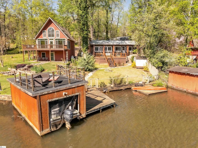 1506 W Lakeshore Dr, Landrum, SC 29356 - dock area featuring stairway, a deck with water view, and a yard