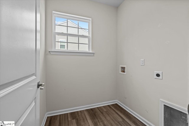 633 Morning Meadows Dr, Inman, SC 29349 - laundry room with electric dryer hookup, baseboards, dark wood-style flooring, laundry area, and washer hookup