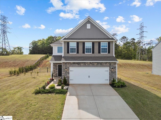 633 Morning Meadows Dr, Inman, SC 29349 - craftsman inspired home featuring concrete driveway, stone siding, an attached garage, fence, and a front yard