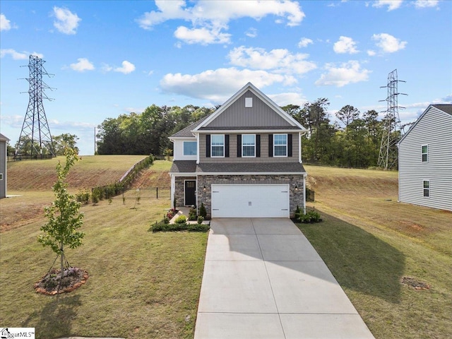633 Morning Meadows Dr, Inman, SC 29349 - view of front facade featuring fence, a front lawn, concrete driveway, an attached garage, and stone siding