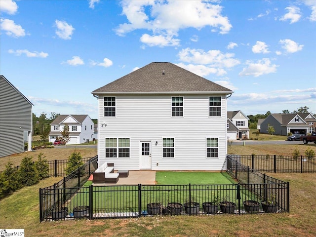 633 Morning Meadows Dr, Inman, SC 29349 - back of house featuring roof with shingles, a fenced backyard, an outdoor hangout area, a yard, and a patio