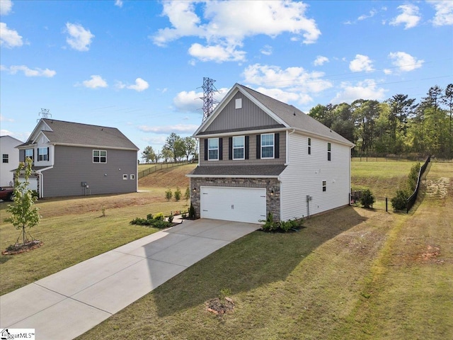 633 Morning Meadows Dr, Inman, SC 29349 - view of side of home with stone siding, concrete driveway, fence, a garage, and a yard