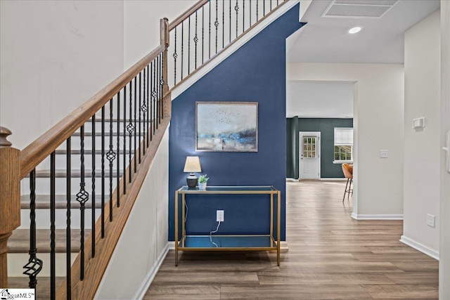 633 Morning Meadows Dr, Inman, SC 29349 - stairway with baseboards, wood finished floors, visible vents, and recessed lighting