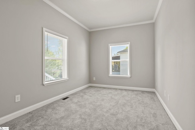 carpeted empty room with plenty of natural light, visible vents, and crown molding