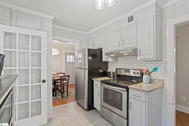 210 Keith Dr, Greenville, SC 29607 - kitchen featuring tasteful backsplash, crown molding, appliances with stainless steel finishes, white cabinets, and under cabinet range hood