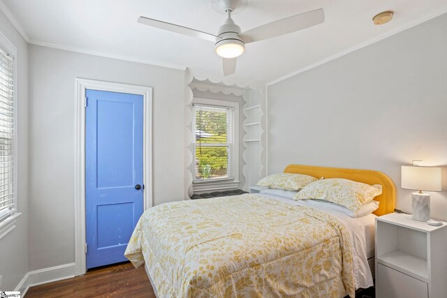 210 Keith Dr, Greenville, SC 29607 - bedroom featuring baseboards, crown molding, dark wood-style floors, and a ceiling fan