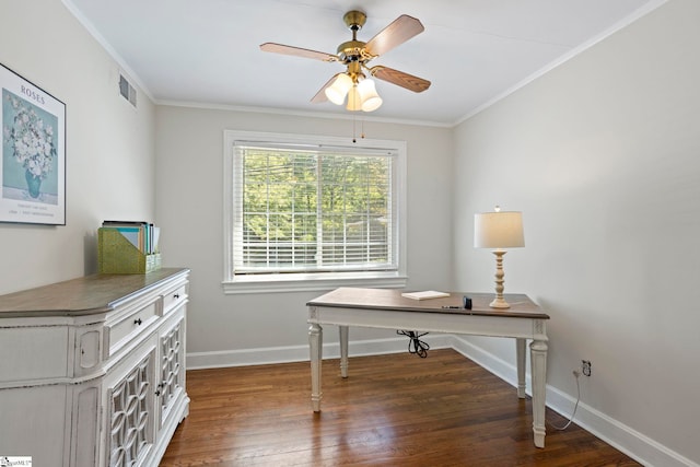210 Keith Dr, Greenville, SC 29607 - office featuring wood finished floors, visible vents, a ceiling fan, ornamental molding, and baseboards