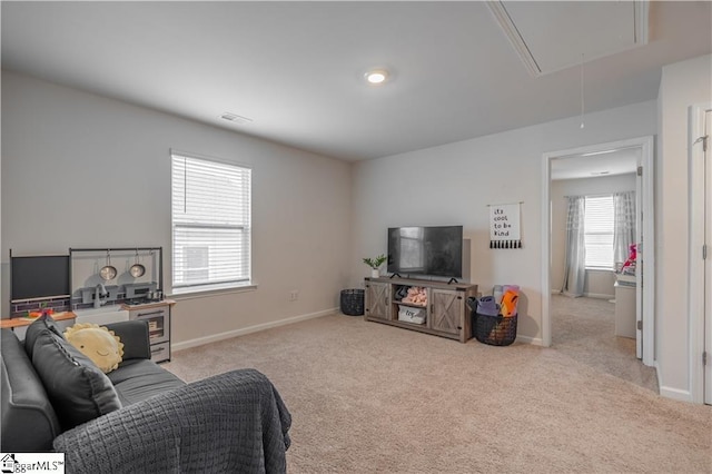 136 Light Spring Rd, Easley, SC 29642 - carpeted living room with attic access, visible vents, and baseboards