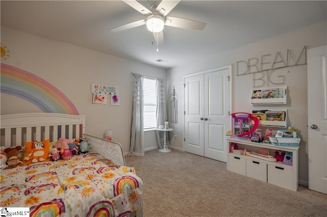 136 Light Spring Rd, Easley, SC 29642 - carpeted bedroom featuring baseboards, visible vents, ceiling fan, and a closet
