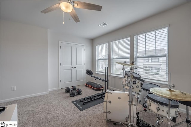 136 Light Spring Rd, Easley, SC 29642 - exercise area featuring baseboards, visible vents, ceiling fan, and carpet flooring