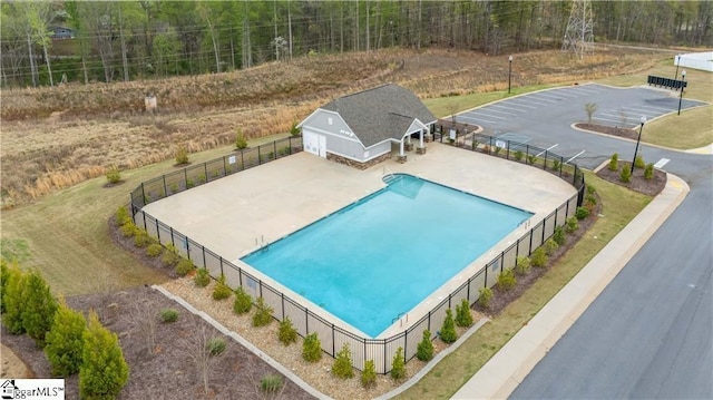 136 Light Spring Rd, Easley, SC 29642 - pool featuring fence, an outbuilding, and a patio area