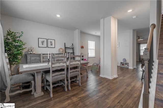 136 Light Spring Rd, Easley, SC 29642 - dining space featuring dark wood finished floors, baseboards, a ceiling fan, and recessed lighting