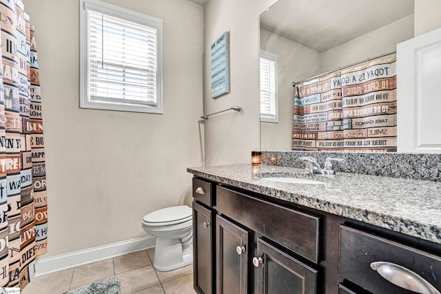 full bath featuring vanity, tile patterned floors, baseboards, and toilet