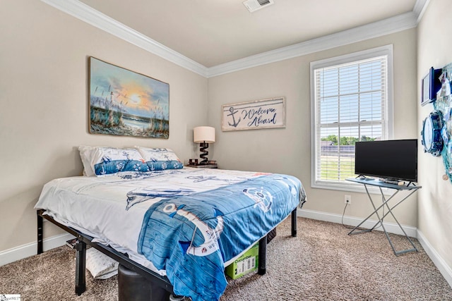 bedroom with visible vents, baseboards, carpet, and ornamental molding