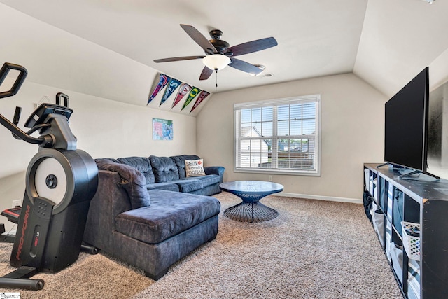 carpeted living room with lofted ceiling, visible vents, baseboards, and ceiling fan