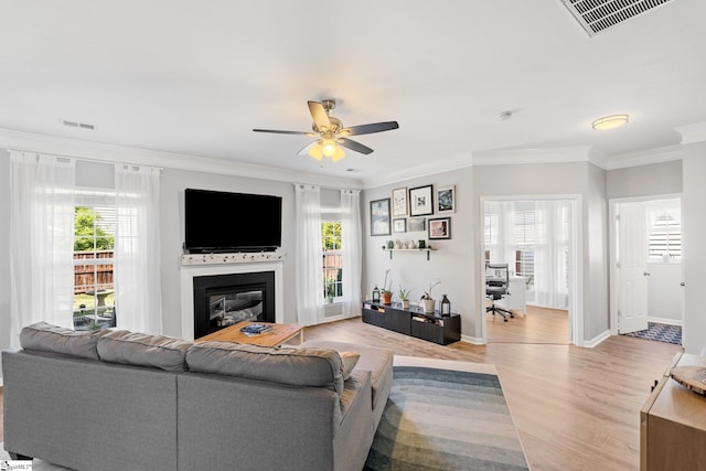 living area with plenty of natural light, visible vents, ceiling fan, and crown molding