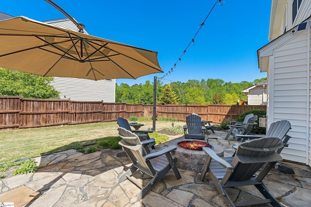 view of patio / terrace with a fenced backyard and an outdoor fire pit