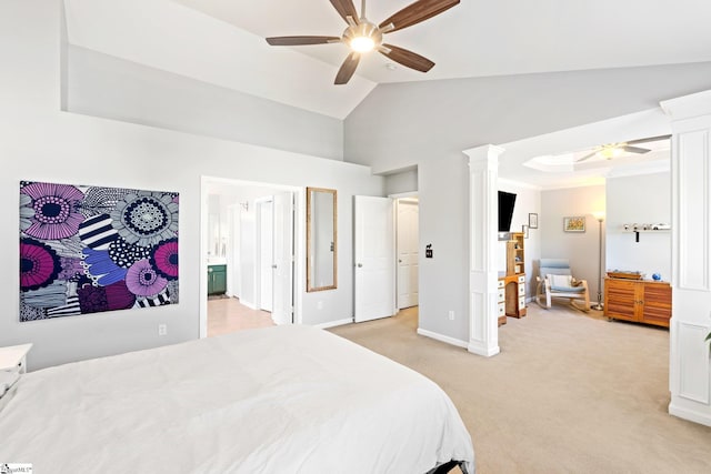 bedroom with light carpet, decorative columns, baseboards, ceiling fan, and high vaulted ceiling