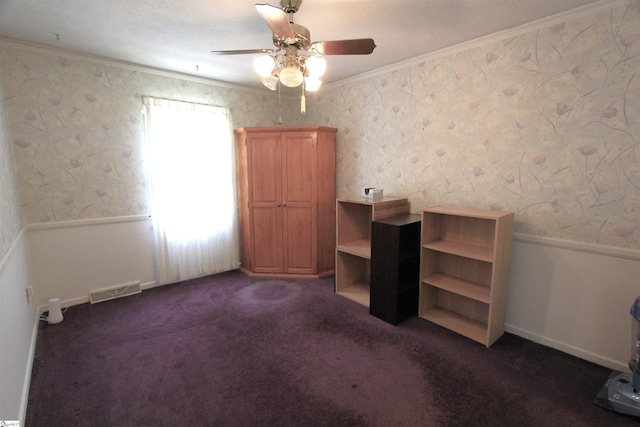 108 Dill Dr, Piedmont, SC 29673 - unfurnished bedroom with wallpapered walls, a wainscoted wall, ornamental molding, dark colored carpet, and visible vents