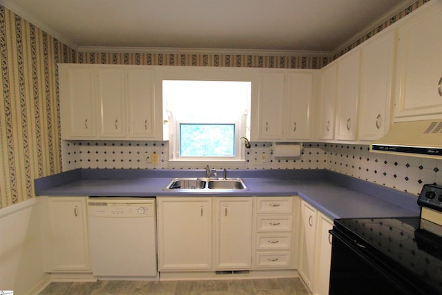 108 Dill Dr, Piedmont, SC 29673 - kitchen featuring ventilation hood, black / electric stove, ornamental molding, a sink, and white dishwasher