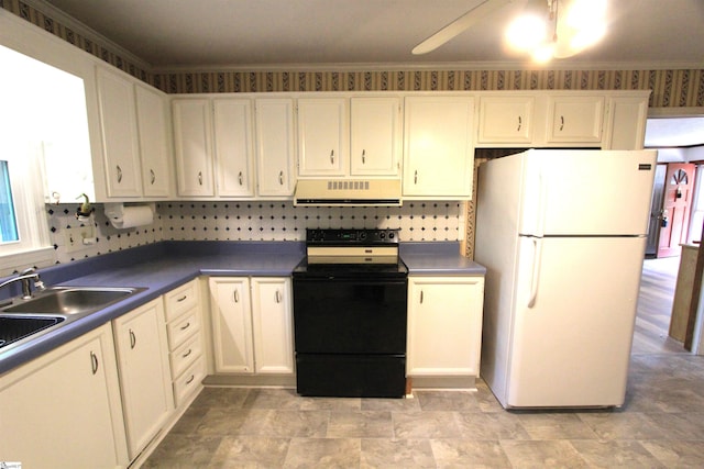 108 Dill Dr, Piedmont, SC 29673 - kitchen featuring a sink, dark countertops, freestanding refrigerator, black / electric stove, and exhaust hood