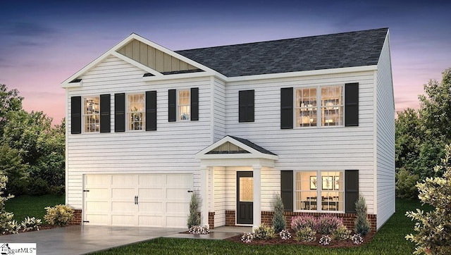 view of front of house with concrete driveway, a garage, brick siding, a shingled roof, and board and batten siding