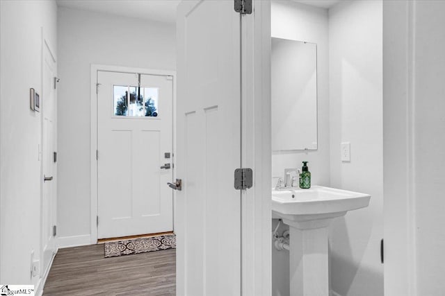bathroom featuring baseboards, wood finished floors, and a sink