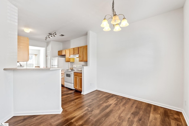 kitchen with a chandelier, dark wood finished floors, under cabinet range hood, and white appliances